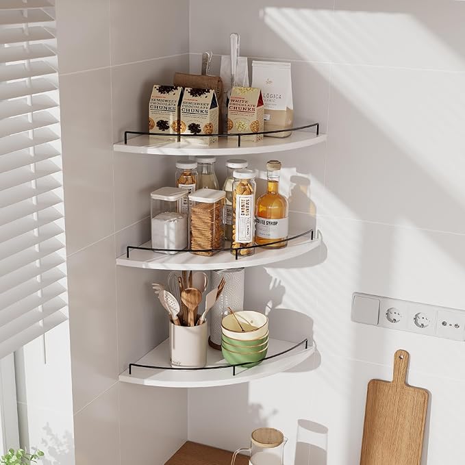 JJL Corner Shelf Wall Mounted, 12 Inches 3-Tier Floating Corner Shelf, Fan-Shaped Rustic Wood Decor with Fence, White Floating Shelves for Apartment Bedroom Kitchen Bathroom