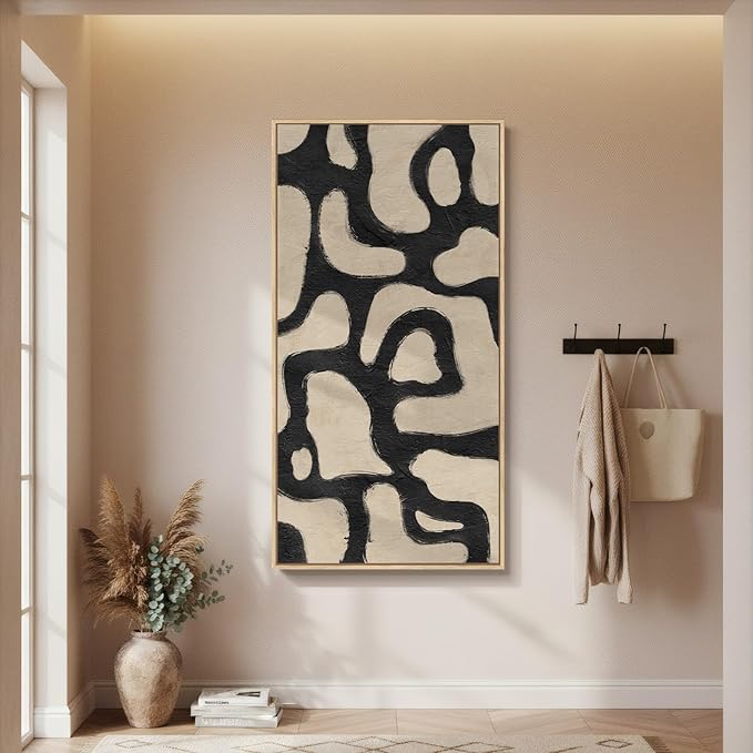 Framed Neutral Horizontal Abstract Wall Art for Living Room, Extra Large Black and Beige Modern Painting Print, Mid Century Canvas Artwork for Dining Room Bedroom Hallway Office Walls Decor, 30x60 Inch