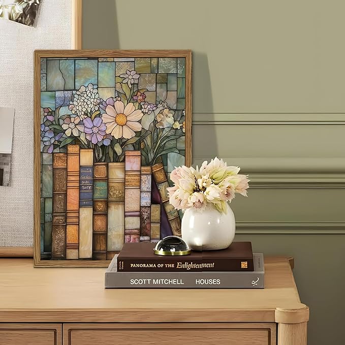 YYNISPIN Vintage Book Wildflower Wall Art Moody Stained Glass Book Lover Wall Decor Painting, Whimsical Reading Nook Library Poster Canvas Prints for Cottage Bedroom Living Room 12x16 inch Frame