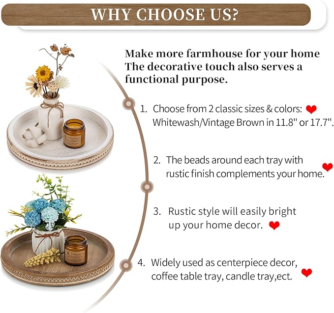 Hanobe Round Wooden Decorative Tray: White Washed Bead Tray Decor for Coffee Table Centerpiece Rustic Farmhouse Tray for Kitchen Counter Living Room Decoration