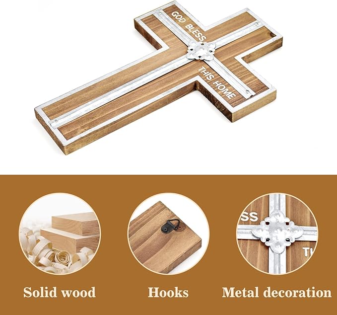 Wall Cross Retro Catholic Wooden Hanging Crosses Baptism with Metal Spiritual Religious Cross with Hook Silver Edge Blessed Letter Design Christmas Crucifix Gift for Church Home Wall Decor