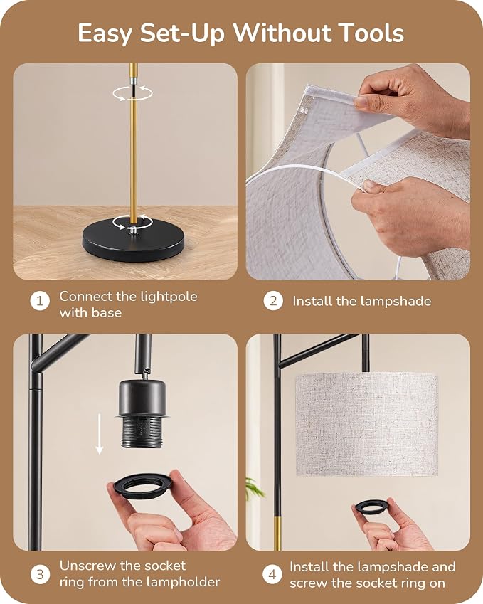 EDISHINE Modern Floor Lamps for Living Room, 64.7" Minimalist Standing Lamp with 3 Color Temperatures Bulb & Adjustable Linen Shade, Foot Pedal Switch, Arc Tall Lamp for Bedroom Office, Black Gold