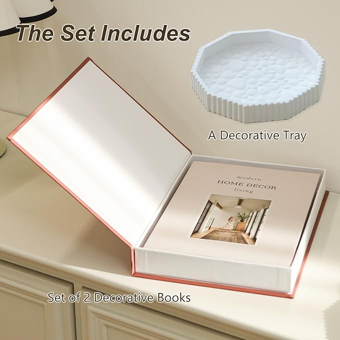Decorative Plaster Tray & Book Decor Set - Scalloped Tray & Decorative Books Box Enhance Coffee Table or Bookshelf Decor - Modern Home Decoration for Living or Dining Room & as Housewarming Gift