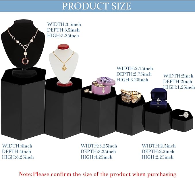 Jetec 24 Pcs Hexagonal Jewelry Display Risers Hexagonal Market Display Risers Stands Acrylic Showcase Acrylic Stand for Jewelry Model Figures Decoration, 6 Sizes (Black)