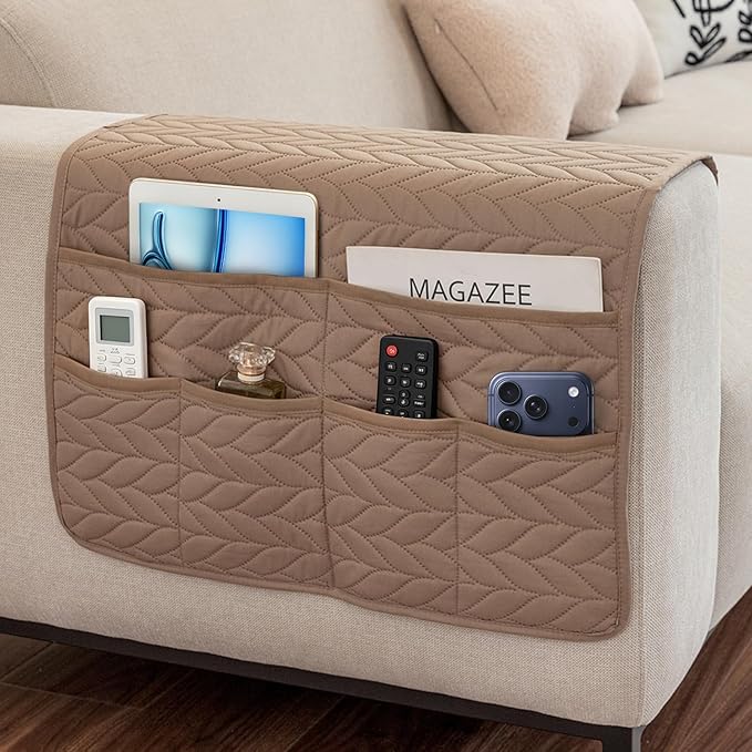 Remote Control Holder for Armchair, Couch Caddy Organizer TV Remote Holder for Recliner Couch With 6 Pockets, Non-Slip Arm Chair Caddy Bedside Table Organizer for Magazine, Tablet, Phone (Beige)