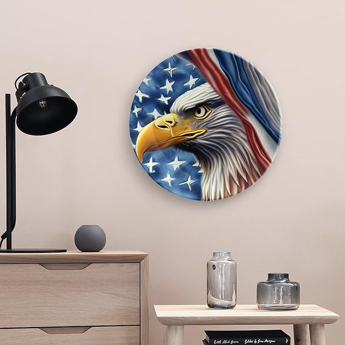 Decorative Plates for Home Decor, Eagle and American Flag Patriotic Decor Tray for Table Display, Ceramic Dinner Plate w/Stand, Living Room Dining Room Decor, Housewarming Gifts, 10 Inch