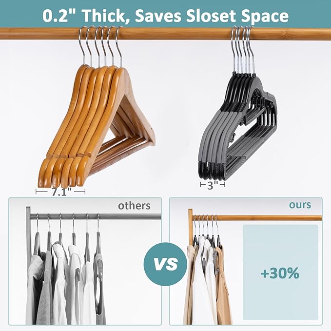 Heavy Duty Plastic Hangers 50 Pack, Space Saving Clothes Hangers, Non-Slip, 0.2 Inches Slim, 360° Swivel Silver Hook for Shirts, Sweaters & Pants, Black and Dark Gray