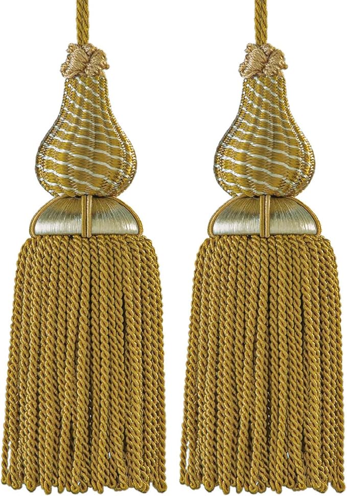 Luxury Tassels for Curtains and Furniture Knobs, 2 Pack - 8.4" Elegant Rayon Decorative Tassel, Silky Tassel Pendant for Cabinet Handles, Home Decor Accents (Gold)