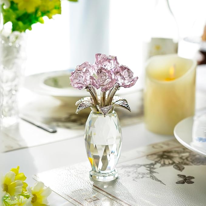 H&D HYALINE & DORA Pink Crystal Rose Flower Figurine,Glass Rose Flowers Gifts for Women,Crystal Rose Flower Collectible for Christmas Wedding Decor