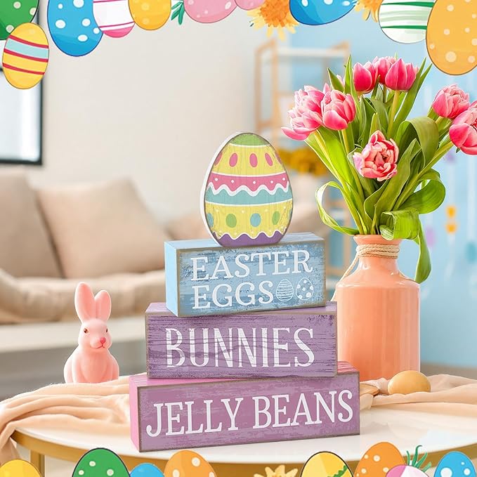 Lineshading 4 Pcs Easter Table Decoration Wooden Pastel Egg - No Assembly Required Reusable Happy Easter Tiered Tray Decor, Perfect for Home Kitchen Shelf Party Farmhouse Centerpieces & Holy Week Gift