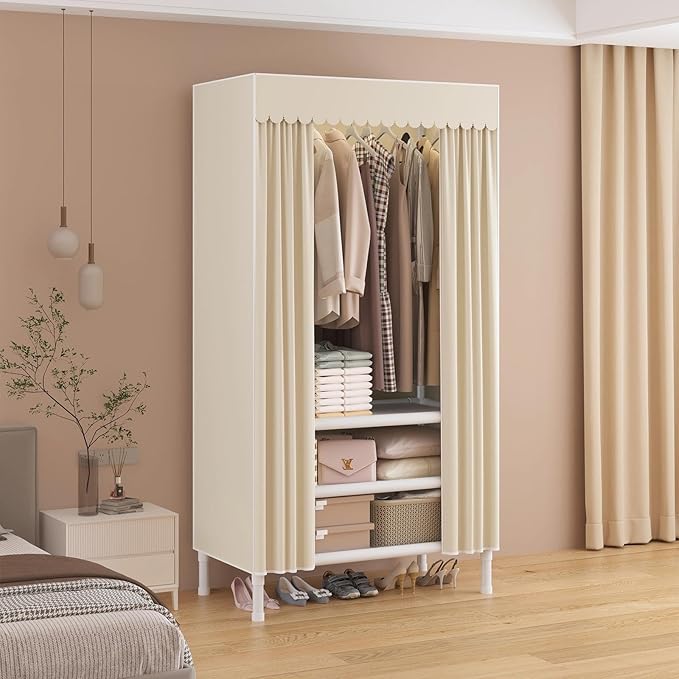 Portable Closet,Garment Rack,Heavy Duty Clothes Rack with Cover,Wardrobe Closet with 1 Hanging Rods, 2 Storage Shelves,27.5" L x 17.7" W x 67.7" H,Pale Yellow