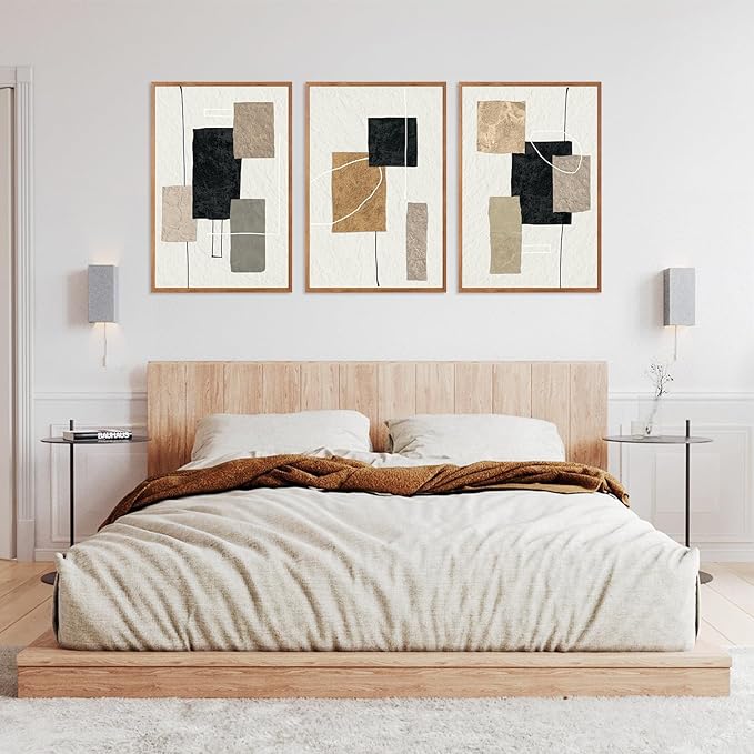 KAlRNE Neutral Abstract Framed Canvas Wall Art Set of 3(24”X36”),Black Beige and Brown Wall Decor,Modern Minimalist Block Lines Art Prints For Living Room Bedroom Office