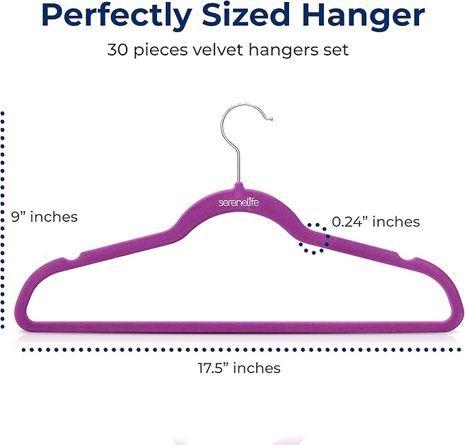 SereneLife 30 Pack Velvet Hangers – Non-Slip Clothes Hangers with Heavy Duty Design, Slim Space-Saving Coat Hangers with 360° Swivel Hook, Strong Lightweight Closet Organizer Set for Clothes (Purple)