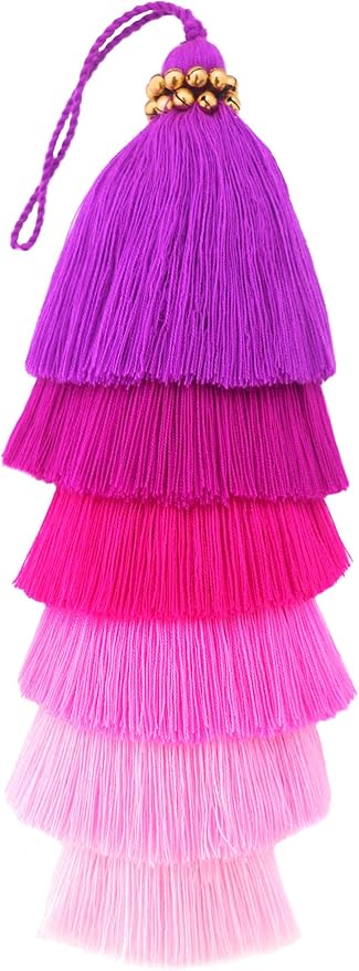 Tassellini Multi-Colored Layered Large Cotton Tassel with Hanging Loop for Furniture Décor, Home or Handbag Accessory (Purple)