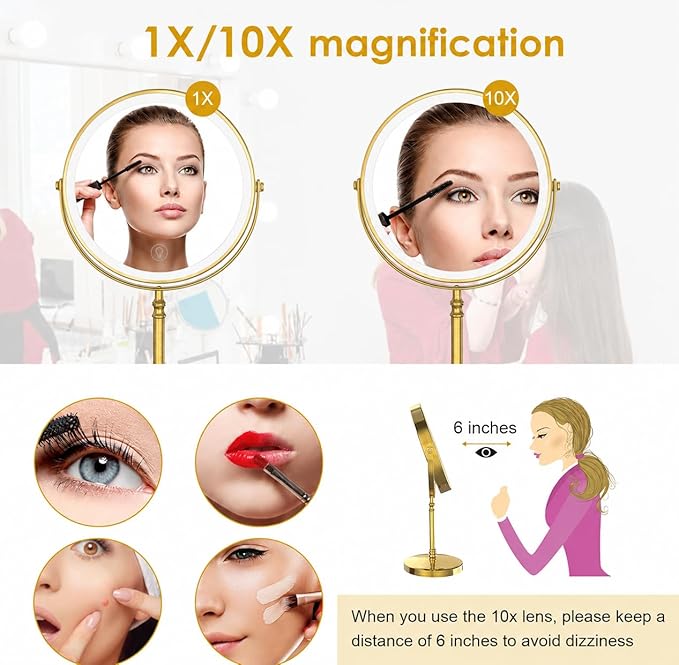 DEIOVWXS Makeup Mirror, 3000mAh Rechargeable Double-Sided Magnifying Vanity Mirror with 3 Colors, 1X/10X, Adjustable Brightness, Gifts for Mom, Mothers Day, Women, Wife, Girls, Dorm Room Essential
