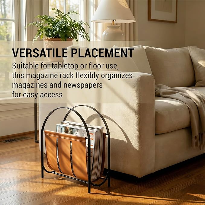 MyGift Black Metal and Caramel Brown Leatherette Magazine Rack – Tabletop or Floor Standing Sling Basket for Magazines, Newspapers, and Books