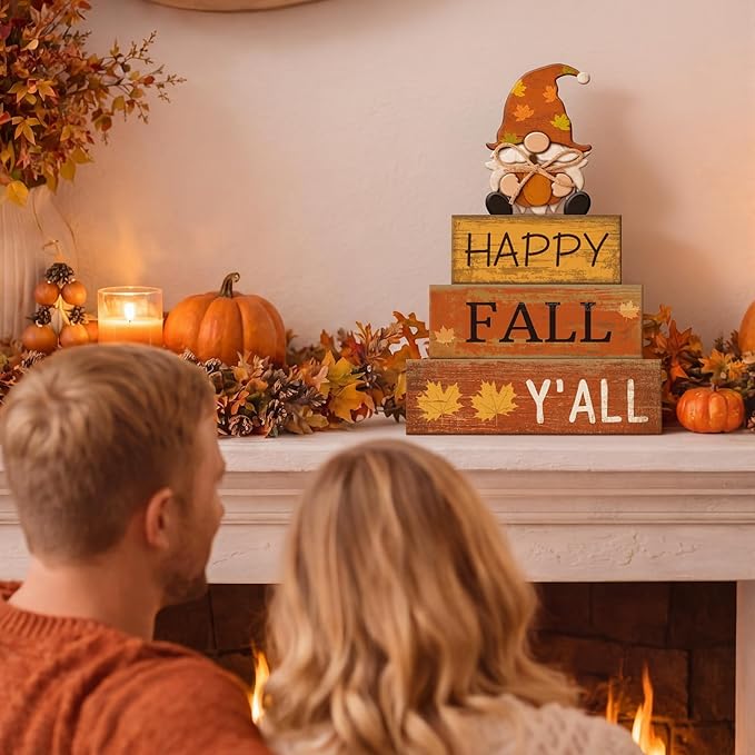 Lineshading 4 Pcs Fall Decorations for Home Wooden Gnome Block Sign Thanksgiving Tiered Tray Decor Thanksgiving Centerpiece Rustic Fall Table Decor for Autumn Harvest Party Home Kitchen Decorations