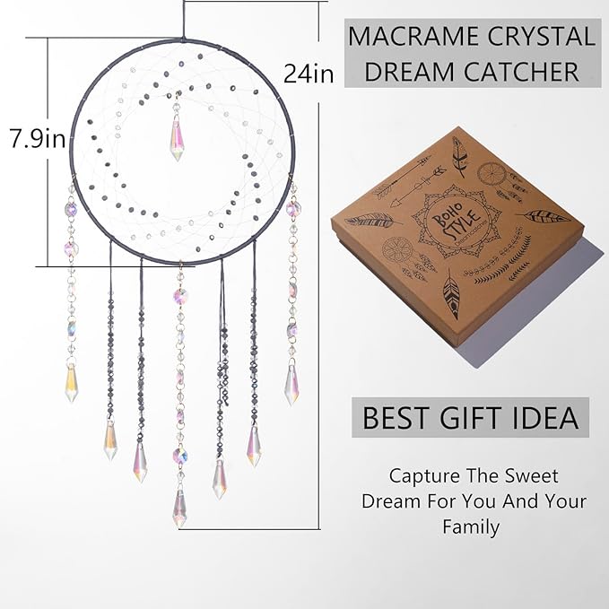 Artilady Dream Catchers with Crystals - Large Grey Boho Moon Dream Catcher Wall Decor House Decorations for Home Girls Kids Baby Bedroom Room Decor Christmas Birthday Teen Girl Boys Gifts