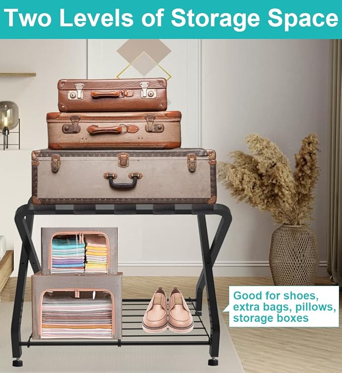 Folding Luggage Rack with 2-tiers Storage Shelf, Foldable Steel Frame Luggage Organizers for Suitcase, Metal Luggage Holder for Guest room, Bedroom, Hotel, Closet, Black, 1pack