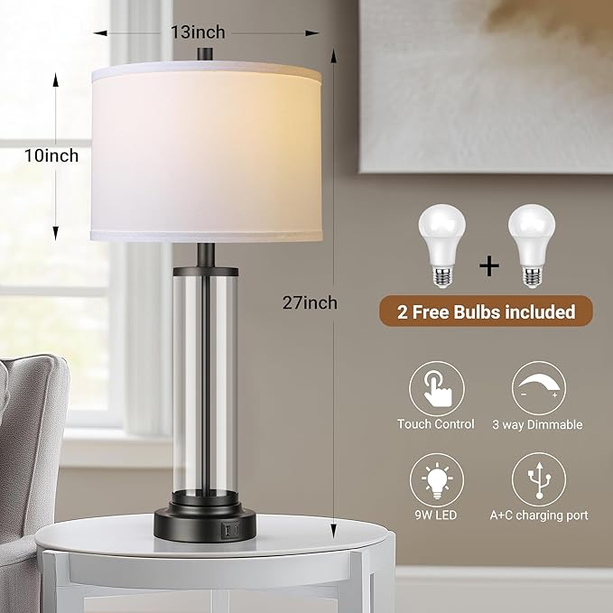 QiMH Touch Control Table Lamps Set of 2 with USB Ports, 3-Way Dimmable Bedside Lamp for Living Room Bedroom House, Modern Nightstand Lamp with 2 LED Bulbs(Black)