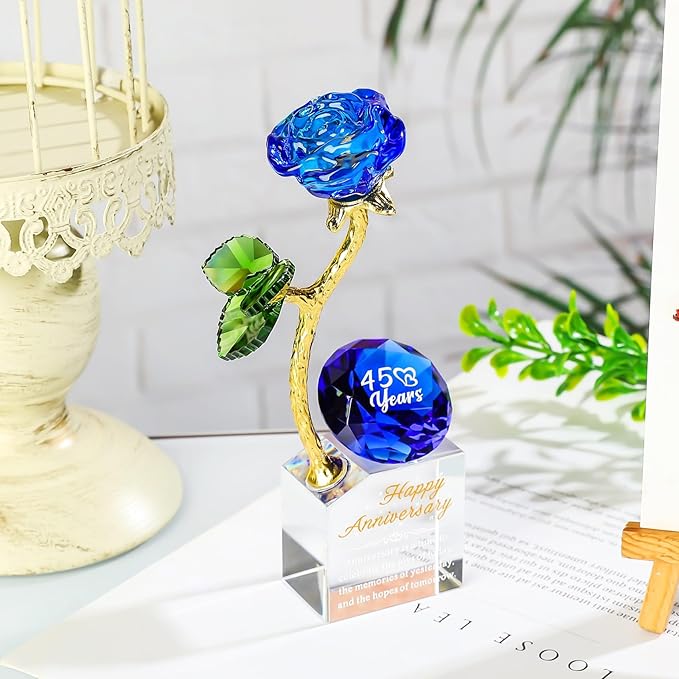 YWHL 45th Wedding Anniversary Rose Gifts for Parents, 45 Years Happy Anniversary Sapphire Gift for Couples, Romantic Sapphire Wedding Keepsake for Wife Her, Crystal Rose Figurine with Blue Diamond