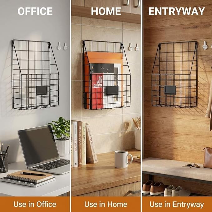 QWORK Metal Wire Wall Mounted File Organizer – 2 Pack Fits A4 & Letter Size, Space-Saving Storage for Office, Home & Entryway