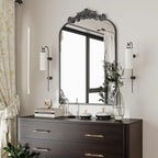 VooBang 26x38 inch Vintage Arched Bathroom Mirror - Gorgeous Wall Vanity Mirror with Beautiful Retro Top and Bottom Engraving Process Frame for Entryway Hallway Living Room, Black