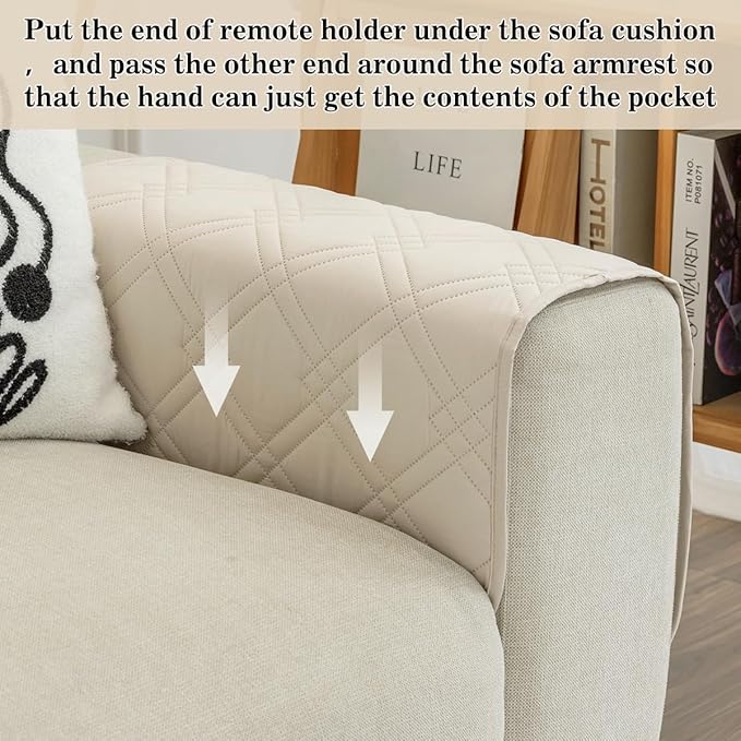 Couch Armrest Organizer Remote Control Holder Bedside Caddy with 6 Pockets, Non-Slip Armchair Caddy Sofa Armrest Organizer for Tv Remote Control, Magazine, Cell Phone, Beige