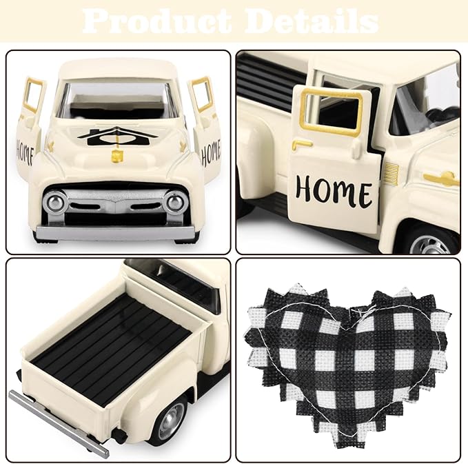 Vintage White Truck Decor with Heart Farmhouse Tiered Tray Decor Vintage Mini Truck Bookshelf Table Decors