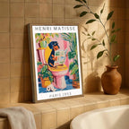 Funny Dachshund Bathroom Wall Art Henri Matisse Dog Bathroom Wall Decor Picture, Cute Puppy Animal Reading Newspaper in Toilet Poster Painting Canvas Print 12x16 inch Wood Framed
