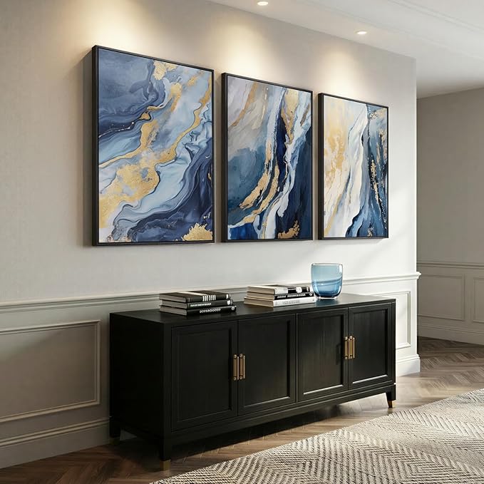 Large Framed Blue and Gold Abstract Wall Art for Living Room, 3 Piece Modern Canvas Prints Paintings Artwork for Walls, Luxury Marble Abstract Pictures for Bedroom Dining Office Wall Decor 24x36 In