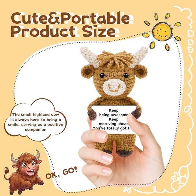 DAFURIET Handmade Positive Crochet Highland Cow, Emotional Stuffed Animal Doll Gifts for Women/Men, Cute Birthday Graduation Present for Friend, Coworker, Son, Daughter