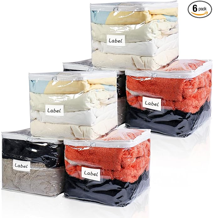 Clear Zippered Storage Bags Plastic Sweater Storage Bags with Zipper 6 Packs Clothing Organizer for Blankets Linen Sweater Bed Sheet Quilt Clothes Pillow (12 x 12 x 12 Inch)