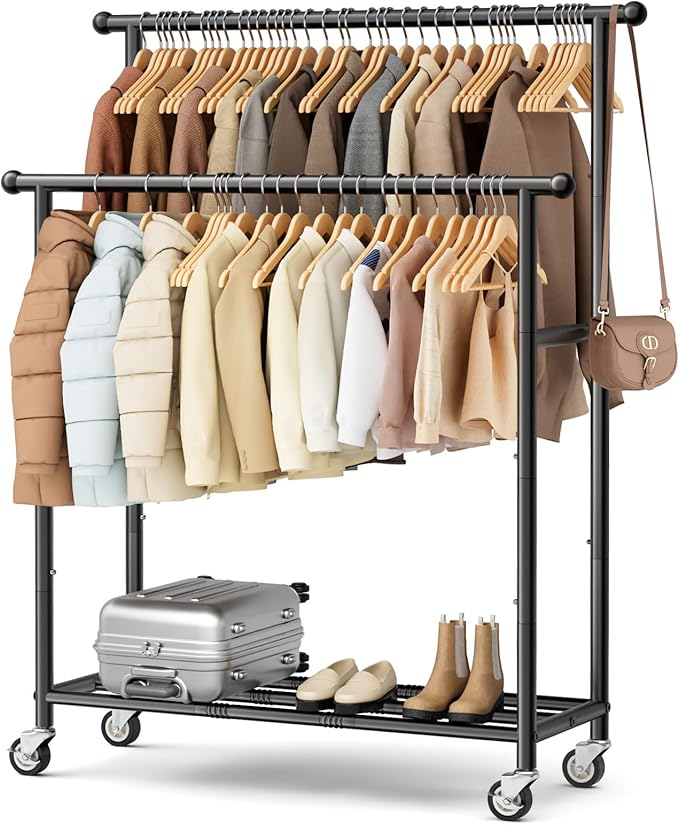 MISSLO Double Rods Garment Rack Heavy Duty Clothing Rack for Hanging Clothes Portable Clothes Organizer for Bedroom, Living Room, Clothing Store (Black with wheels)