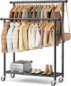 MISSLO Double Rods Garment Rack Heavy Duty Clothing Rack for Hanging Clothes Portable Clothes Organizer for Bedroom, Living Room, Clothing Store (Black with wheels)