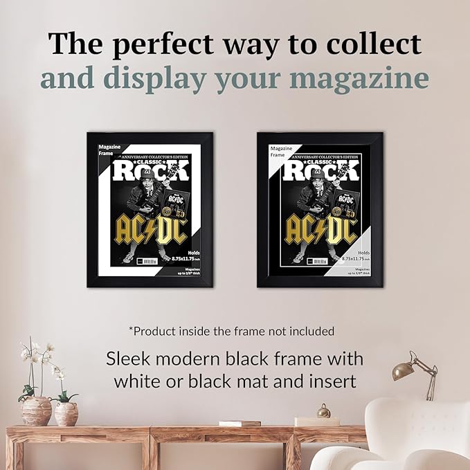 Creative Picture Frames 8.75 x 11.75 Magazine Frame with Full-Strength Glass, Holds Up To A 1/4" Thick Media with Installed Hangers for Easy Mounting, 11x14 Black Frame with White Mat