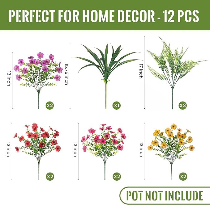 Artificial Fake Flowers Plants for Outdoor Spring Summer Decor, 12 Bundles Faux Silk Flowers for Outdoor Outside Planter Colorful Daisy UV Resistant Look Real for Front Door Porch Patio Yard