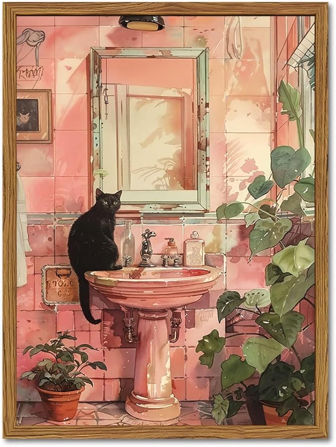 Framed Funny Bathroom Black Cat Wall Art, Vintage Cute Cat on Sink Pictures Wall Decor, Humor Animal Watercolor Paintings Canvas Prints for Restroom 16x24 inch