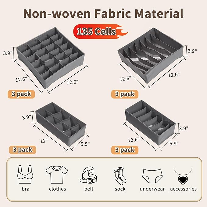 Garvee 12-Pack Underwear Drawer Organizers, 116-Cell Dresser Drawer Divider Bins for Baby Clothes, Underwear, Bra & Sock, Foldable Fabric Closet Organizer for Bedroom, Nursery, Grey