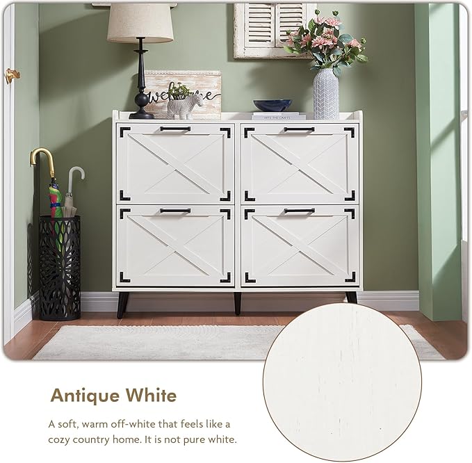 Shoe Storage Cabinet,Farmhouse Shoe Organizer with 4 Flip Drawers & Barn Door Design,Freestanding Hidden Slim Narrow Shoe Rack Cabinet for Entryway,Foyer,Hallway,Antique White