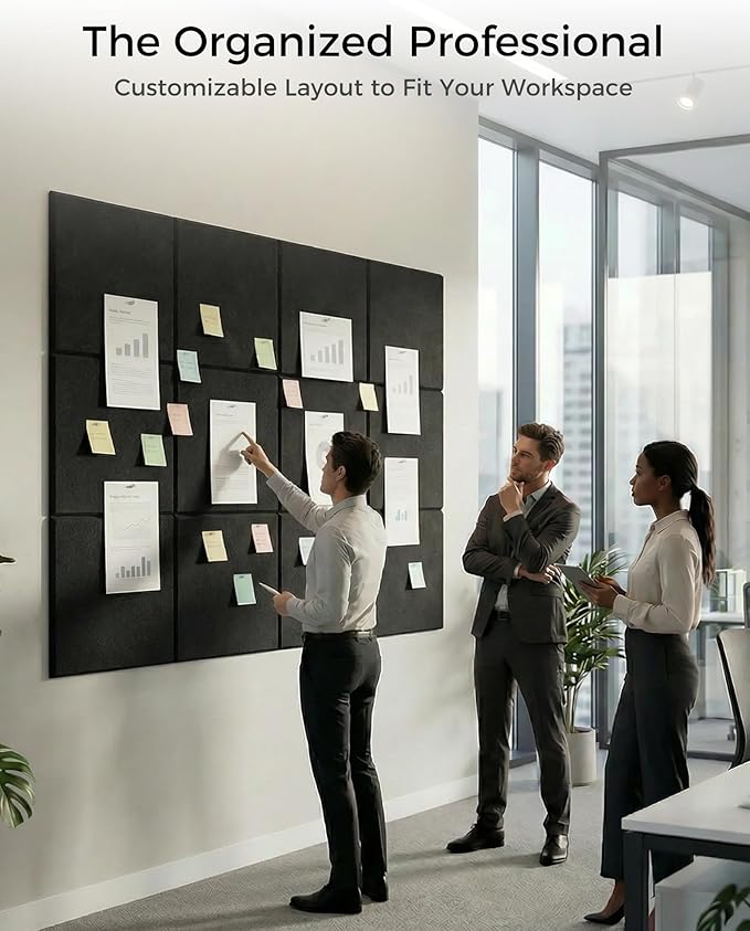 Aothia Felt Bulletin Board Tiles for Wall, 12 Pack Large 48" x 36", Felt Wall Tiles Cork Board Alternative, Adhesive Bulletin Board Tiles for Office, Classroom & Home, Black