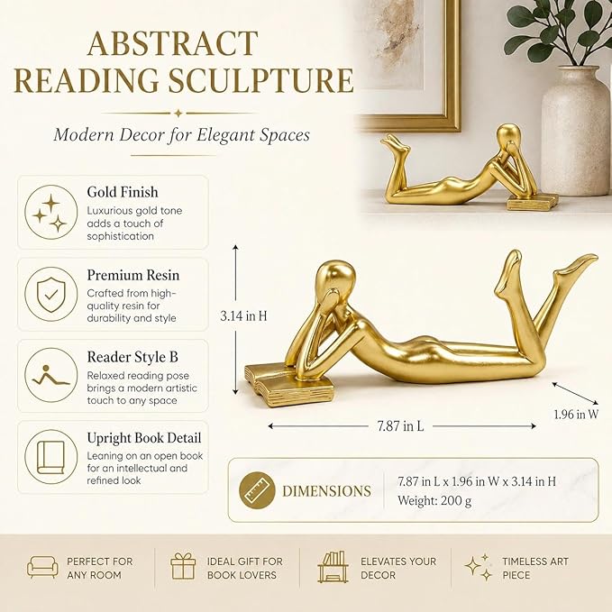 Gold Reading Statue Style B, Abstract Reader Figurine, Resin Book Decor for Bookshelf, Coffee Table, Desk Shelf Decor, Gift for Book Lovers