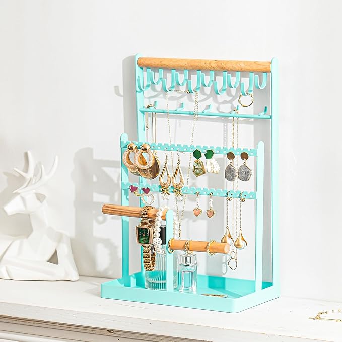 ProCase Jewelry Organizer Stand Necklace Organizer Earring Holder, 6 Tier Jewelry Stand Necklace Holder with 15 Hooks, Jewelry Tower Display Rack Storage Tree for Bracelets Earrings Rings -Aqua