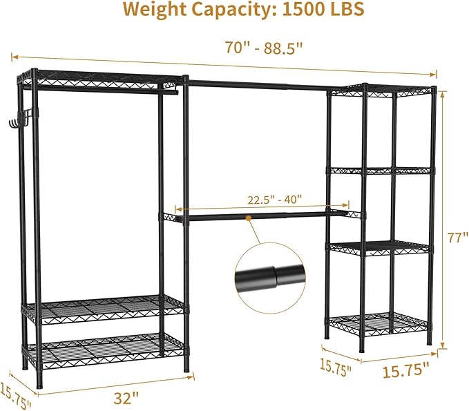 Heavy Duty Garment Rack Clothes Rack,Large Metal Closet Organizer System Storage Wardrobe,Freestanding Clothing Rack with 7 Adjustable Wire Shelves&3 Hang Rods,MaxLoad 1500lbs