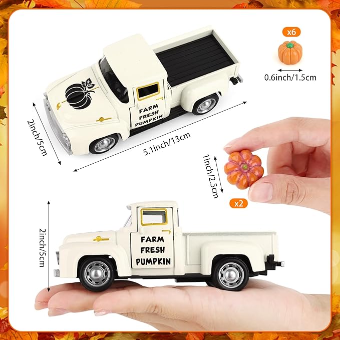 Fall Pumpkin Metal Truck Fall Home Kitchen Decorations with 8 Pcs Plastic Pumpkin, Vintage Farmhouse Tabletop Tiered Tray Decor for Summer Home Kitchen Mantel Shelf Bookshelf Mini Truck Decor