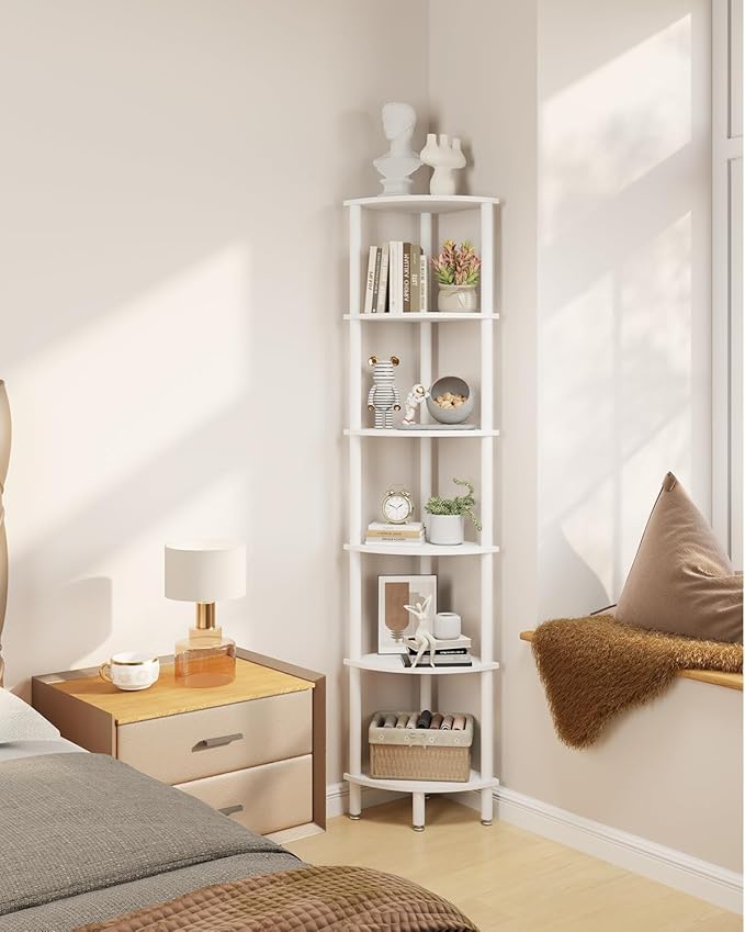 IBUYKE 6 Tier Corner Shelf Stand,Industrial Corner Display Rack,Corner Bookshelf for Living Room, Bedroom, Kitchen, Home Office, White WBC011W