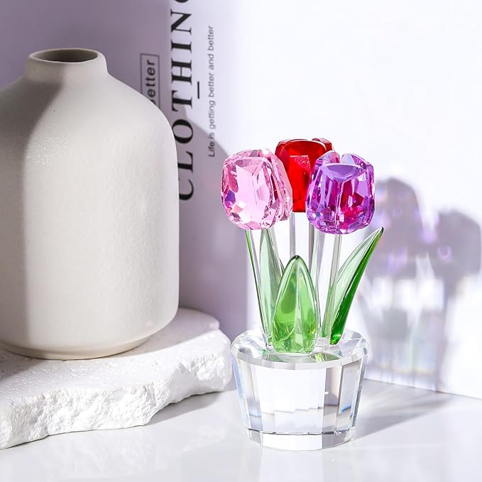 Movdyka Tulips Glass Flowers Figurines Crystal Decor Collectibles Colorful Flowers Bouquet Ornaments Tulip for Mom Women on Anniversary Wedding Christmas Valentines