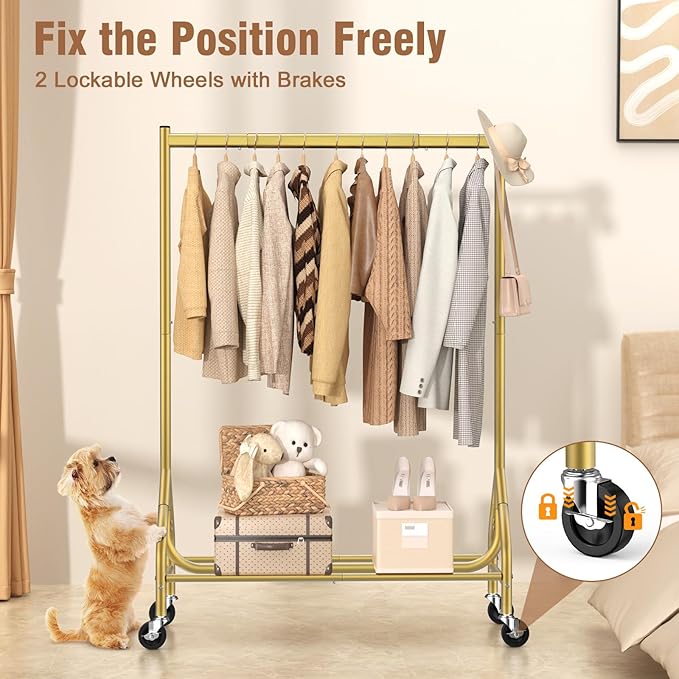 EAGMAK Heavy Duty Clothes Rack Load 420 LBS, Rolling Garment Organizer with Lockable Wheels, Standing Metal Clothing with Shelves, Portable Wardrobe Rack Sturdy Coat Rack for Hanging (Gold)