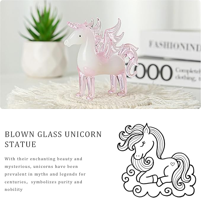 LONGWIN Crystal Pink Unicorn with Wings Animal Collectible Figurines, Hand Blown Glass Animal Gifts for Girls and Women Home Decor
