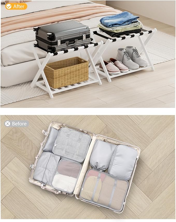 Luggage Racks, Set of 2 Folding Luggage Rack for Guest Room, Bamboo Suitcase Stands with Nylon Straps, X-Shape Heavy Duty Luggage Holder, Suitcase Holder for Guest Room, Hotel, Bedroom, White